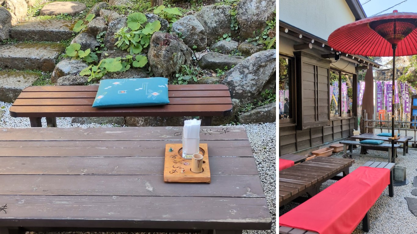 島の茶屋あぶらやの日本庭園テラス席と赤い番傘