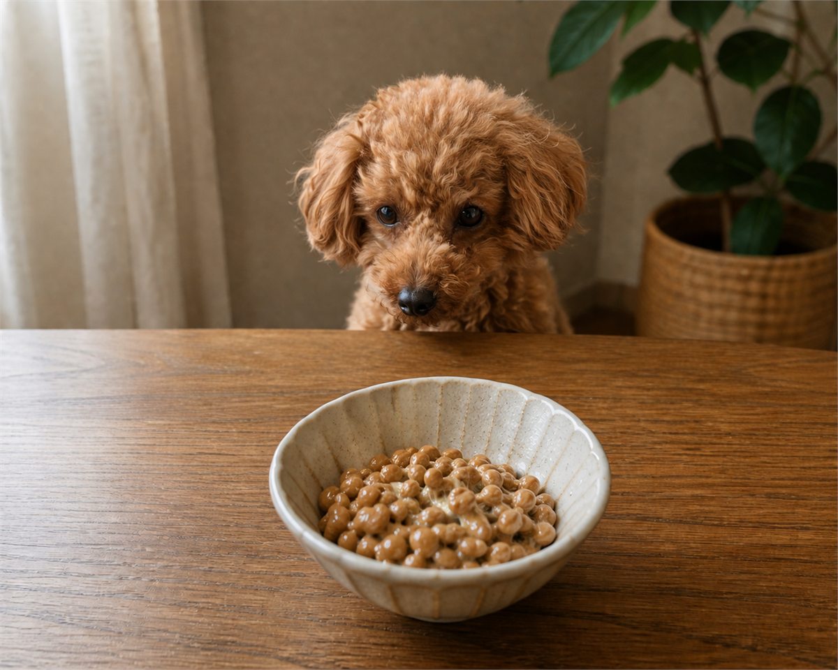 納豆を見つめるトイプードルの愛犬